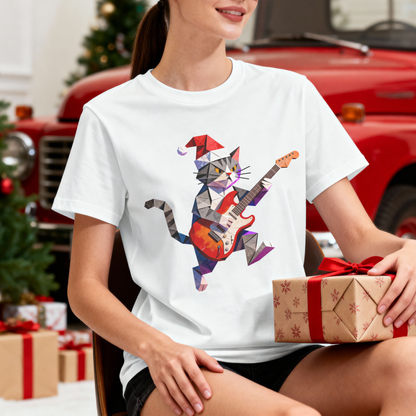 Christmas Guitar Cat T-Shirt – Festive Rocking Cat Graphic Tee