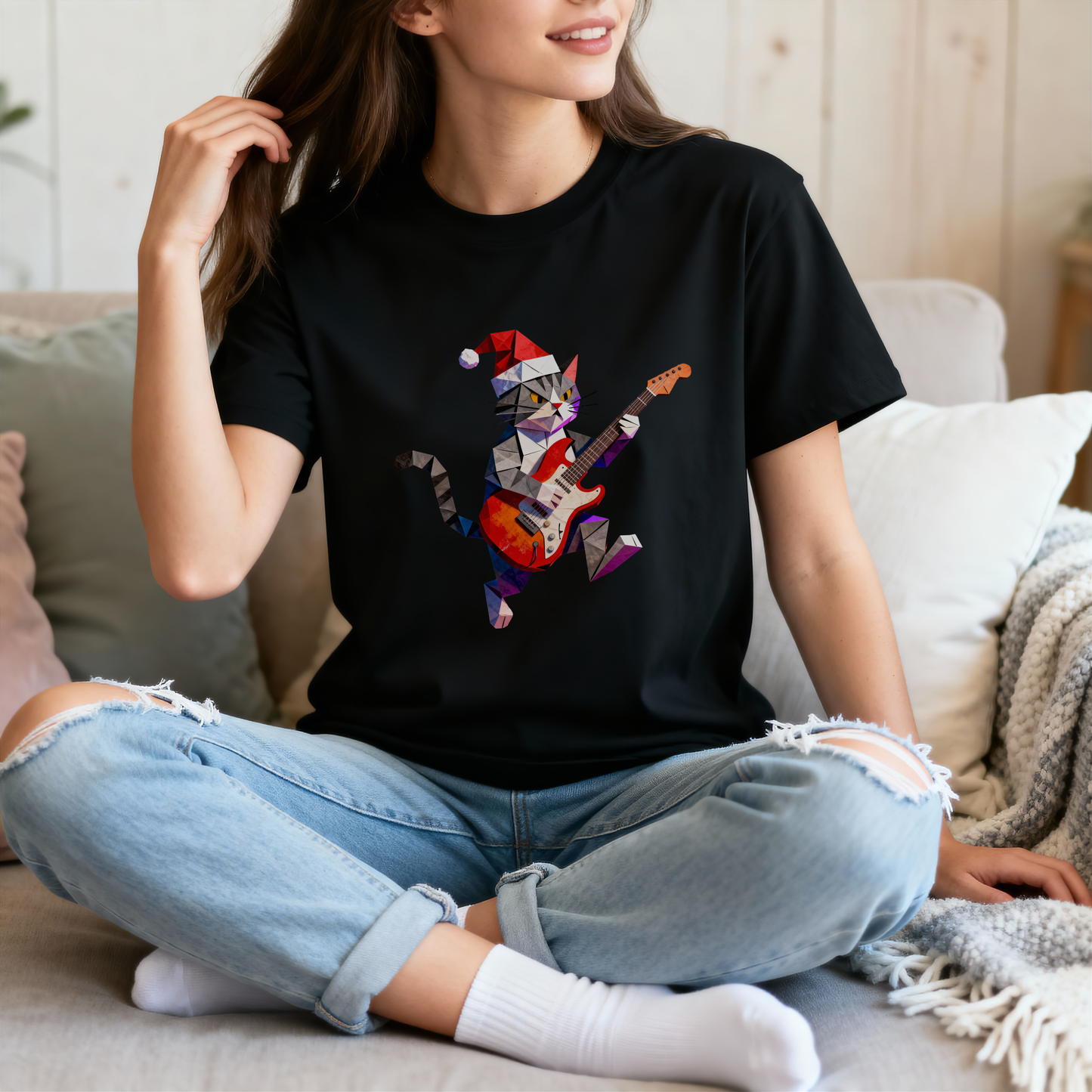 Christmas Guitar Cat T-Shirt – Festive Rocking Cat Graphic Tee