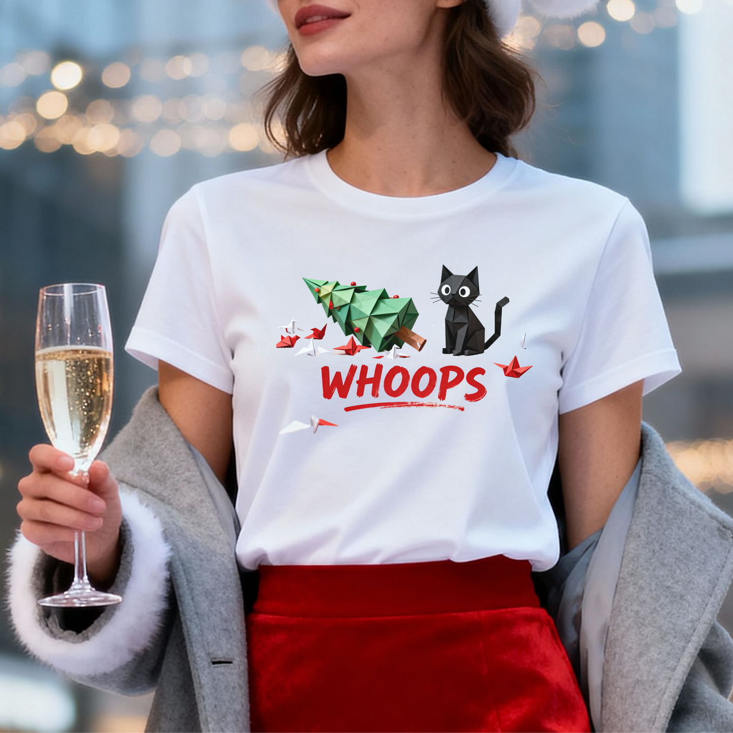Whoops Christmas Cat T-Shirt – Funny Holiday Tree Knockdown Tee
