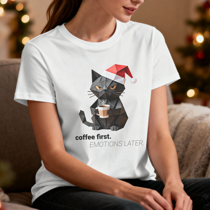 Coffee First Emotions Later T-Shirt – Grumpy Christmas Cat Graphic Tee