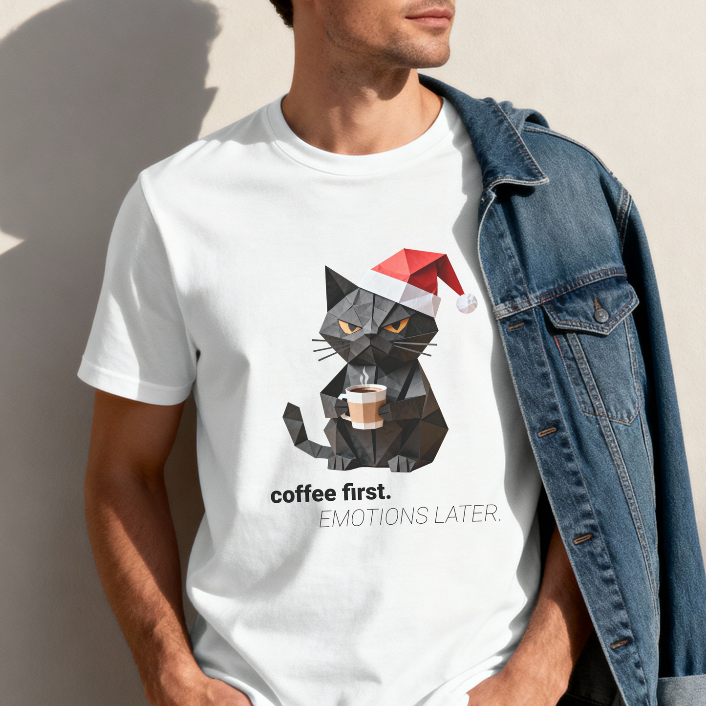 Coffee First Emotions Later T-Shirt – Grumpy Christmas Cat Graphic Tee