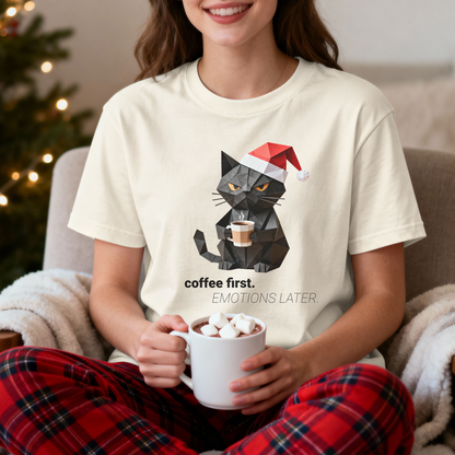 Coffee First Emotions Later T-Shirt – Grumpy Christmas Cat Graphic Tee