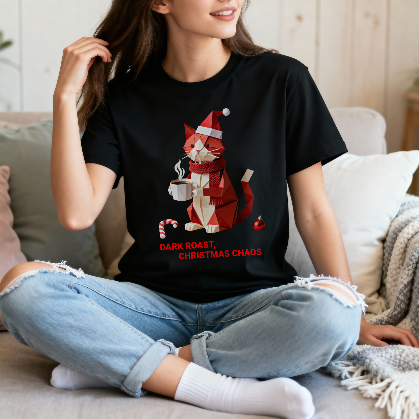 Dark Roast Christmas Chaos T-Shirt – Funny Cat Holiday Coffee Tee