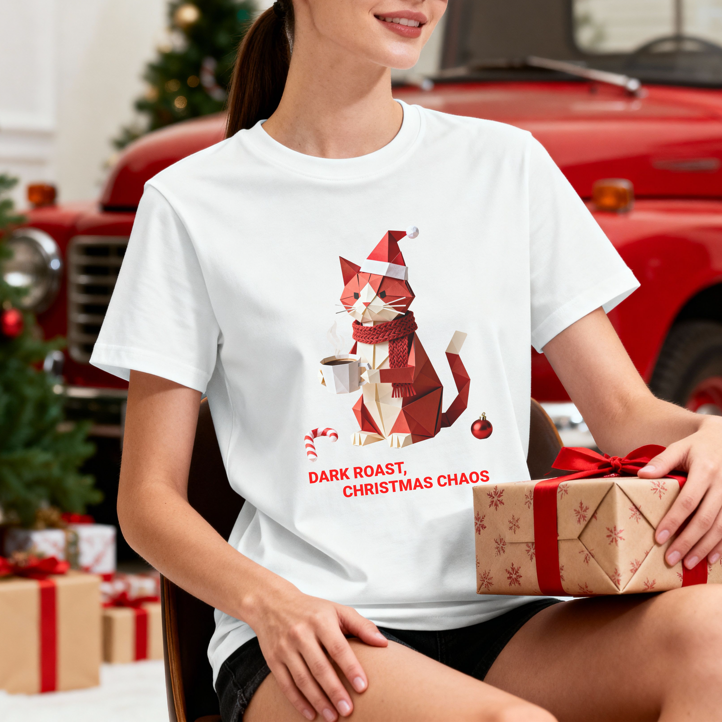 Dark Roast Christmas Chaos T-Shirt – Funny Cat Holiday Coffee Tee