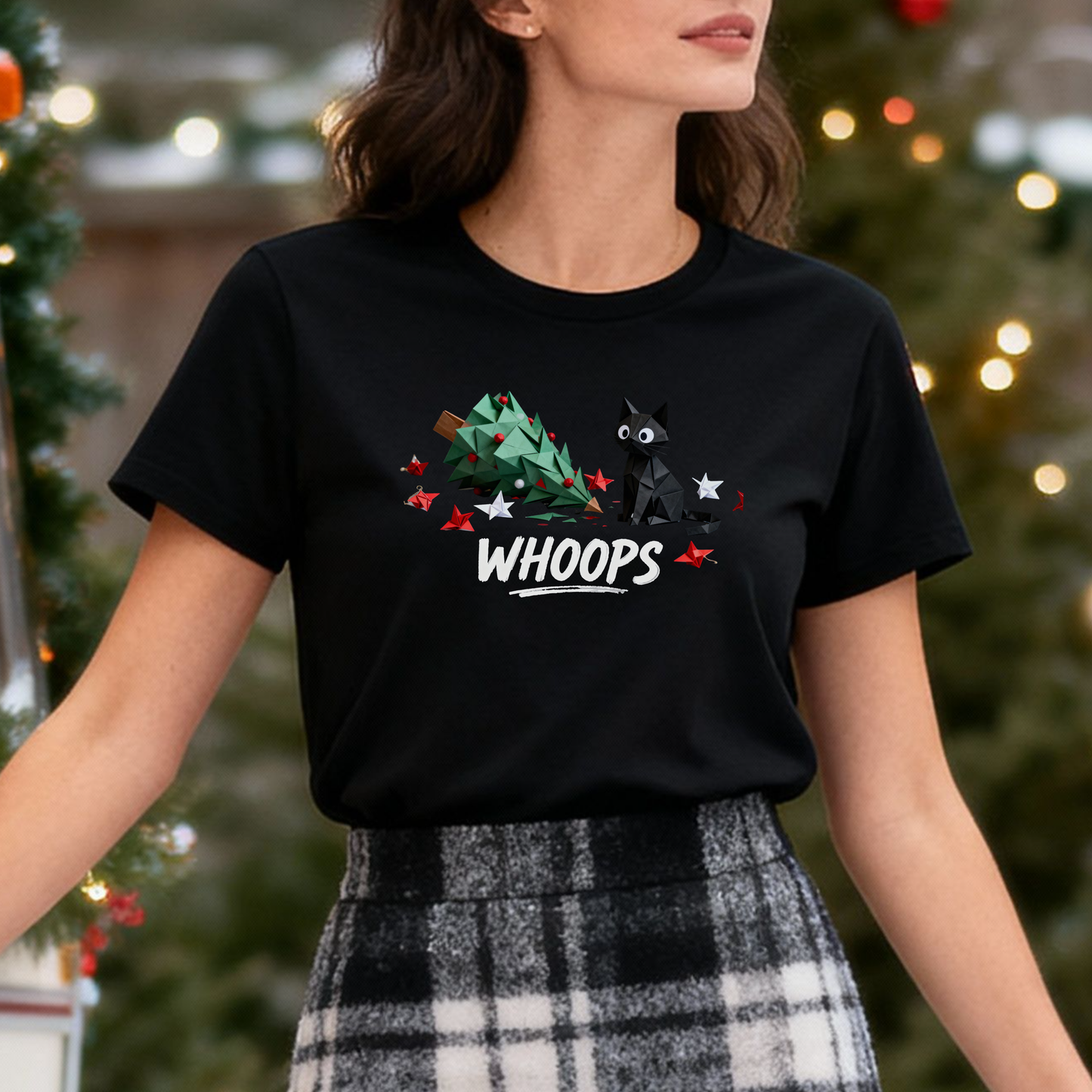 Whoops Christmas Cat T-Shirt – Funny Holiday Tree Knockdown Tee