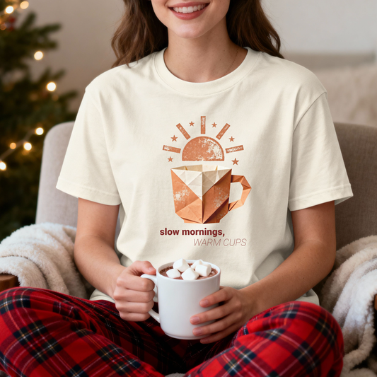 Slow Mornings Warm Cups T-Shirt – Cozy Coffee Lover Graphic Tee