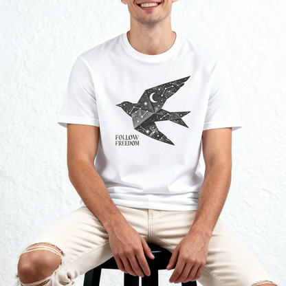 Follow Freedom T-Shirt – Cosmic Bird Graphic Tee, Night Sky Aesthetic