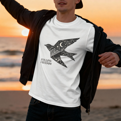 Follow Freedom T-Shirt – Cosmic Bird Graphic Tee, Night Sky Aesthetic