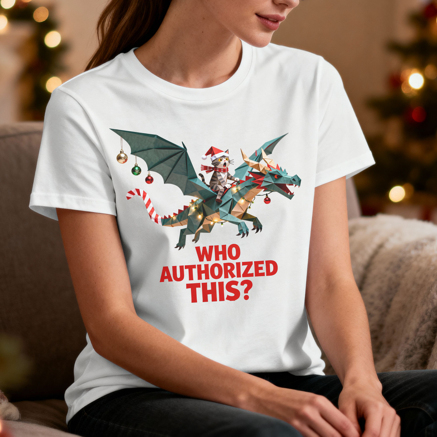 Who Authorized This? Christmas Cat Dragon T-Shirt – Funny Holiday Graphic Tee