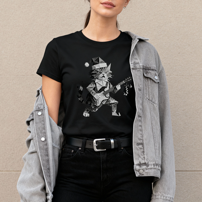 Christmas Guitar Cat T-Shirt – Geometric Rocking Kitty Holiday Tee