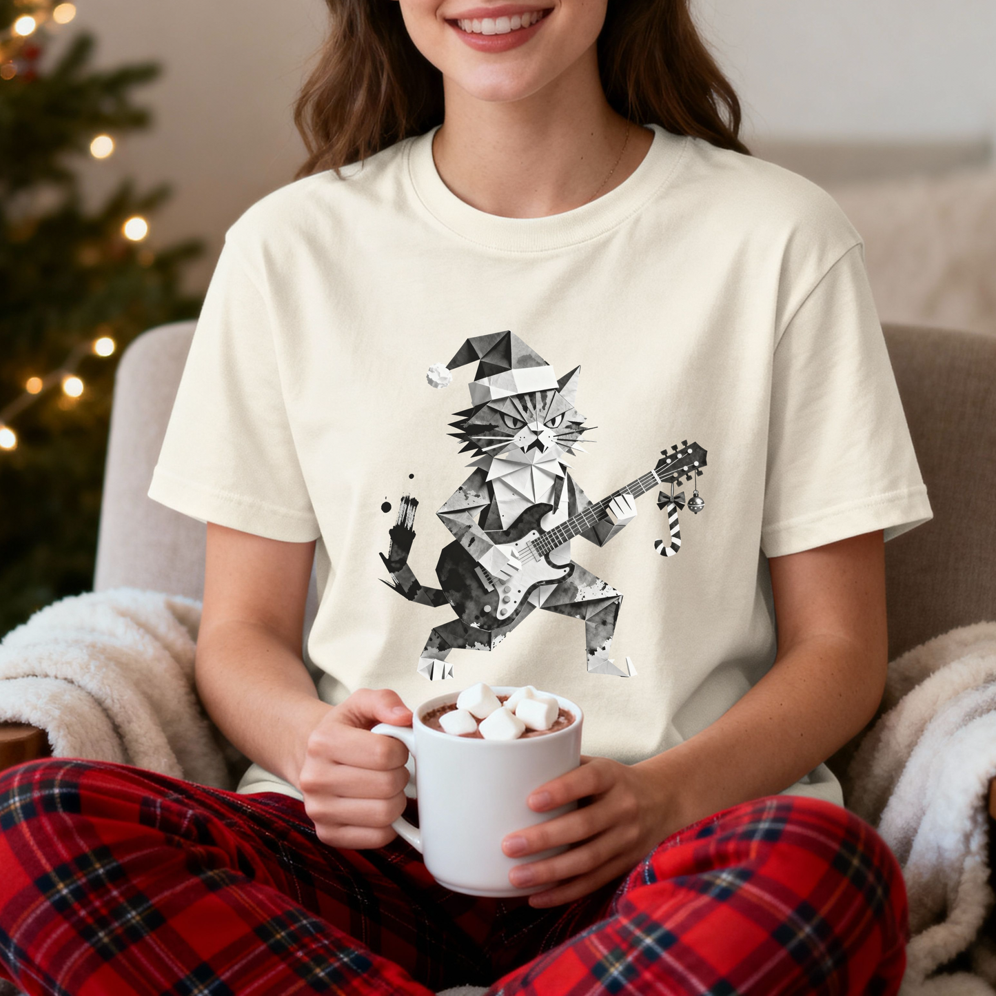 Christmas Guitar Cat T-Shirt – Geometric Rocking Kitty Holiday Tee