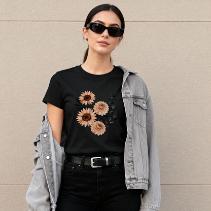 Neutral Sunflower & Dahlia T-Shirt – Vintage Floral Aesthetic Tee