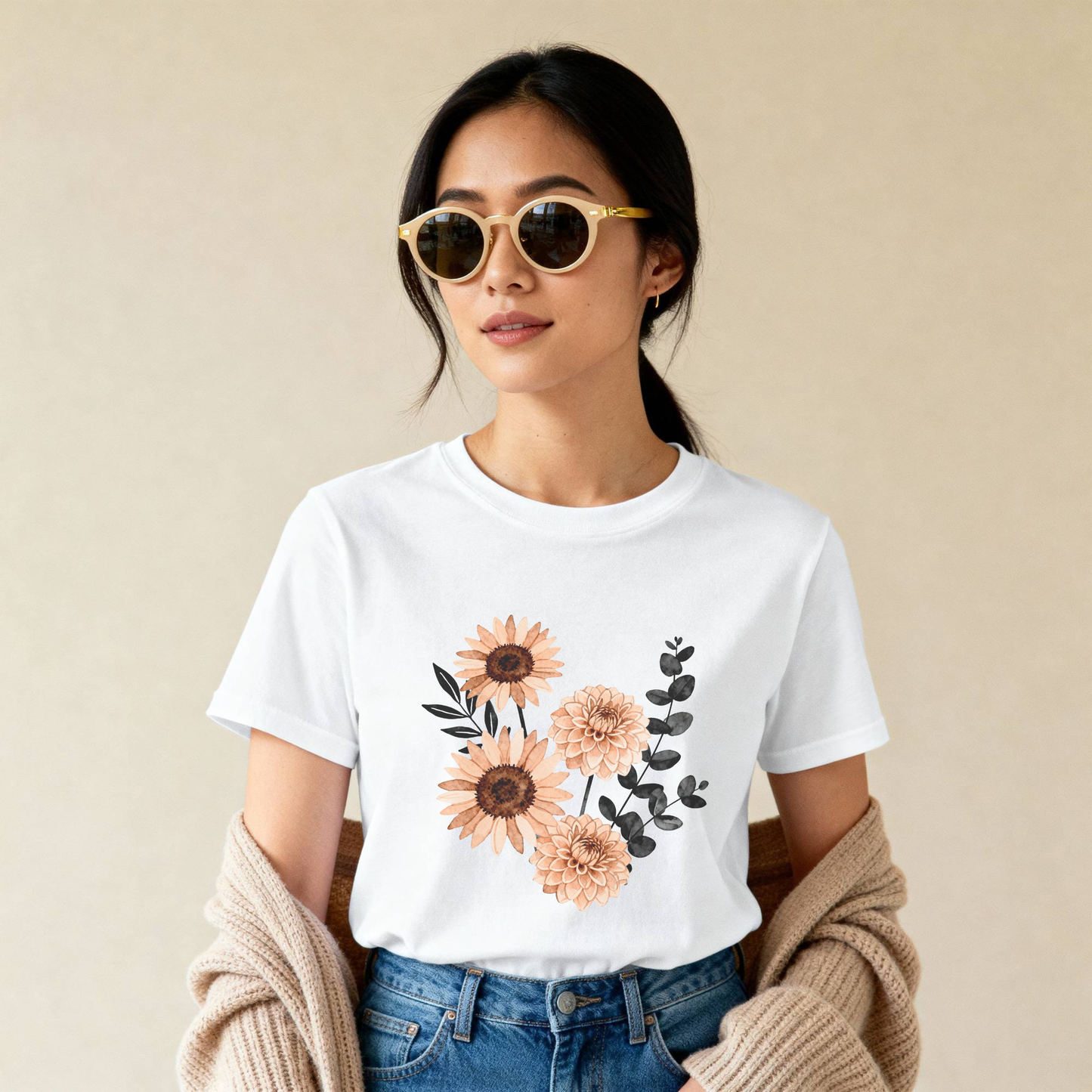 Neutral Sunflower & Dahlia T-Shirt – Vintage Floral Aesthetic Tee