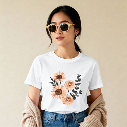 Neutral Sunflower & Dahlia T-Shirt – Vintage Floral Aesthetic Tee