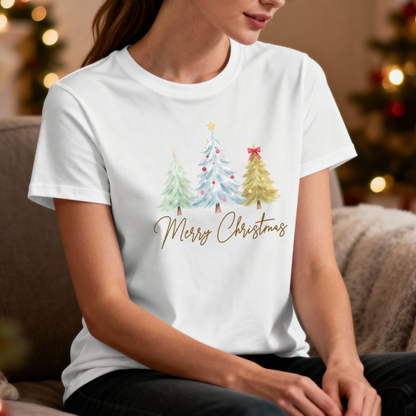 Merry Christmas Trees T-Shirt – Elegant Watercolor Holiday Graphic Tee