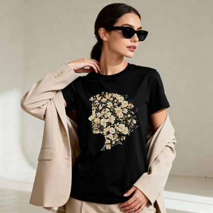 Floral Woman Silhouette T-Shirt – Elegant Botanical Art Graphic Tee
