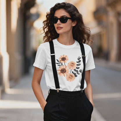 Neutral Sunflower & Dahlia T-Shirt – Vintage Floral Aesthetic Tee